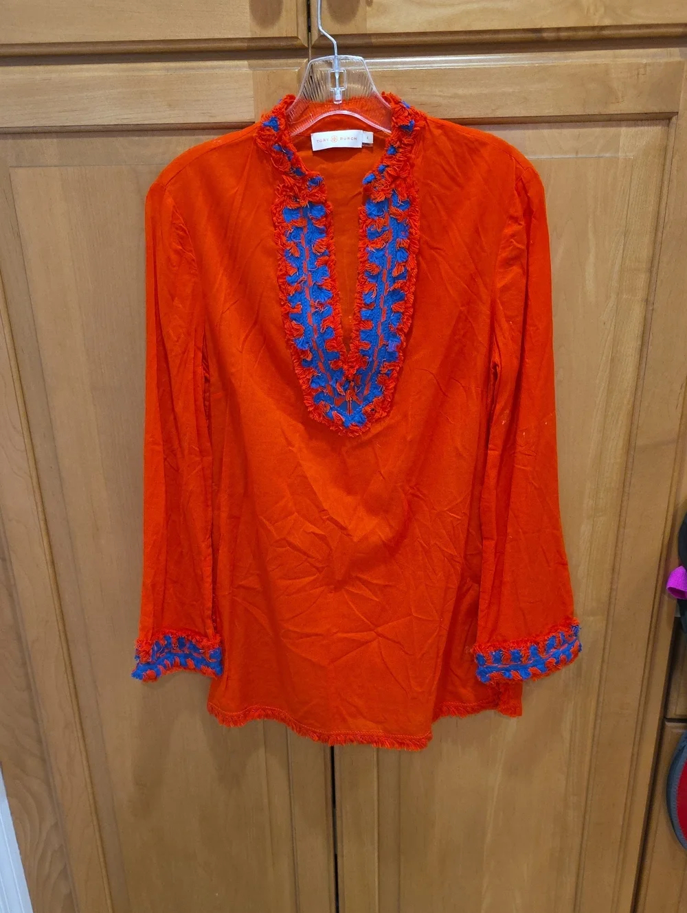 Vibrant orange Tory Burch Samba cotton fringe-trim V-neck tunic